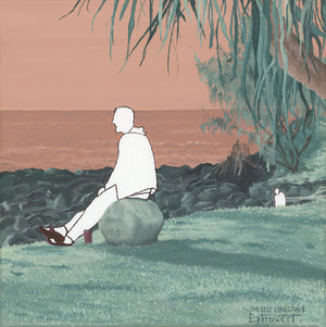 A man sitting on a rock at Burleigh drinking coffee and contemplating the past