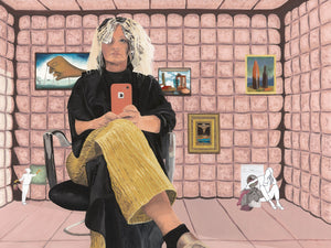 A woman sitting with foils in her hair in a pink padded cell with paintings by Dali and Magritte on the wall